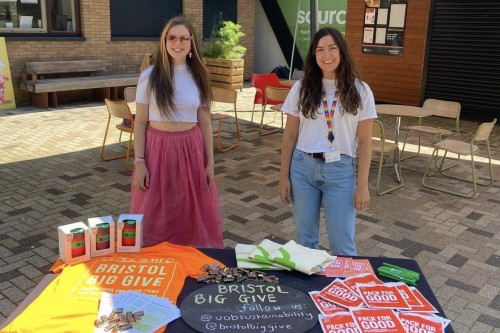 University of Bristol student interns Jaz Fryer-Jones (left) and Sophie Henley (right) promoting the Bristol Big Give at University accommodation.